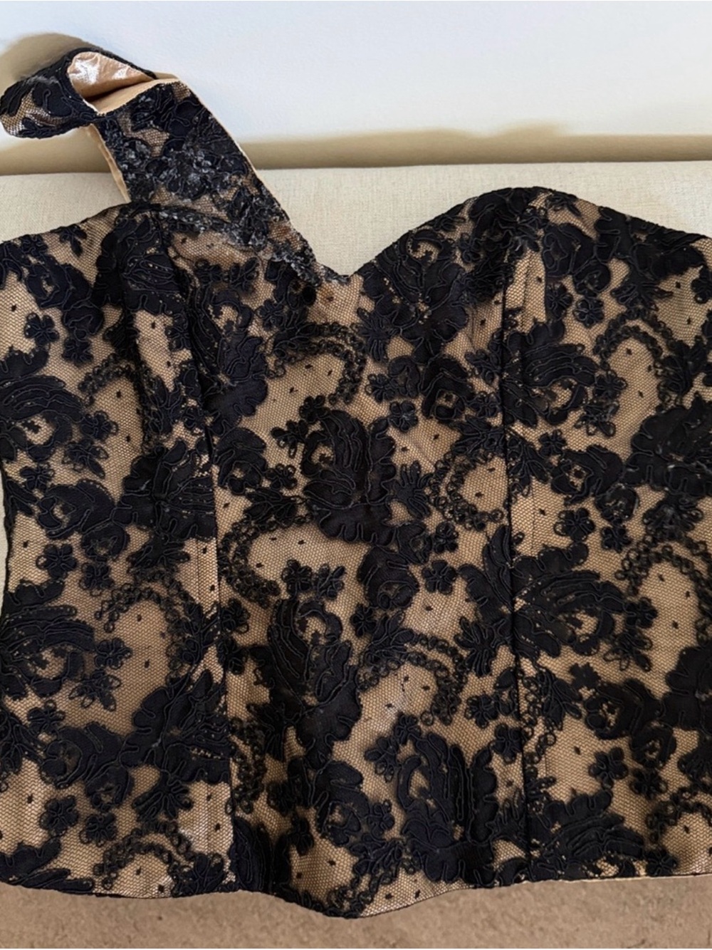 Vintage Black Lace Single Strap Bustier Top over Nude Lining. Sz S